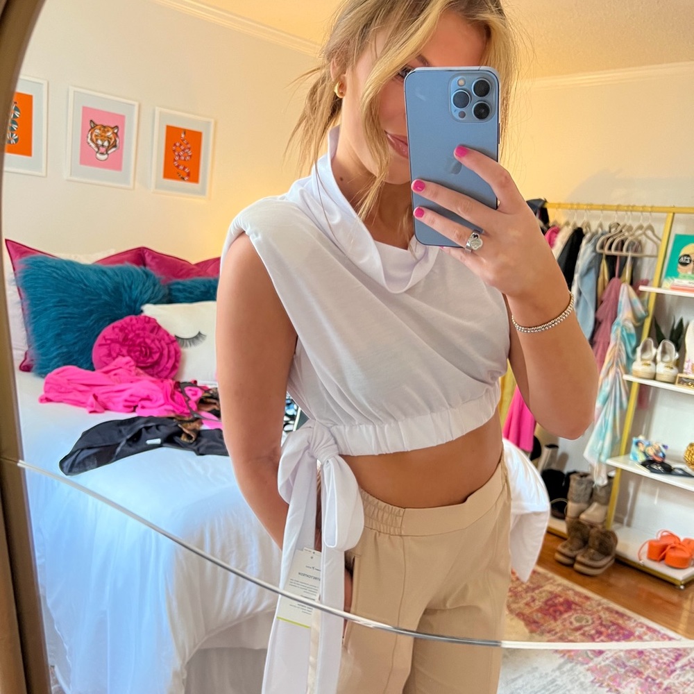 Shein White Shoulder Pad Tie Side Crop Top